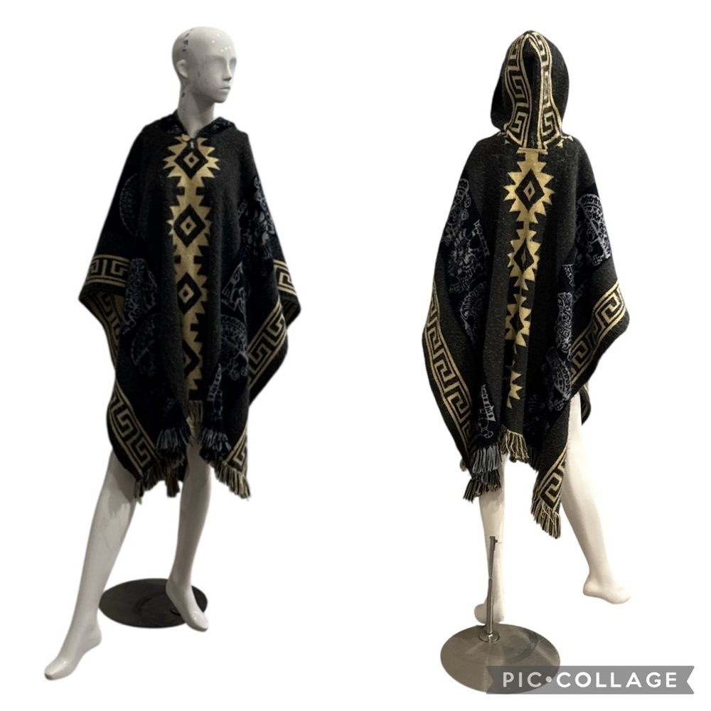 Unisex Andean Aztec Alpaca Blend Hooded Charcoal Multi Fringed Poncho Size OS